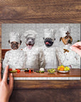 Personalized 4 pet puzzle featuring dogs dressed as chefs, with a hand placing a piece.