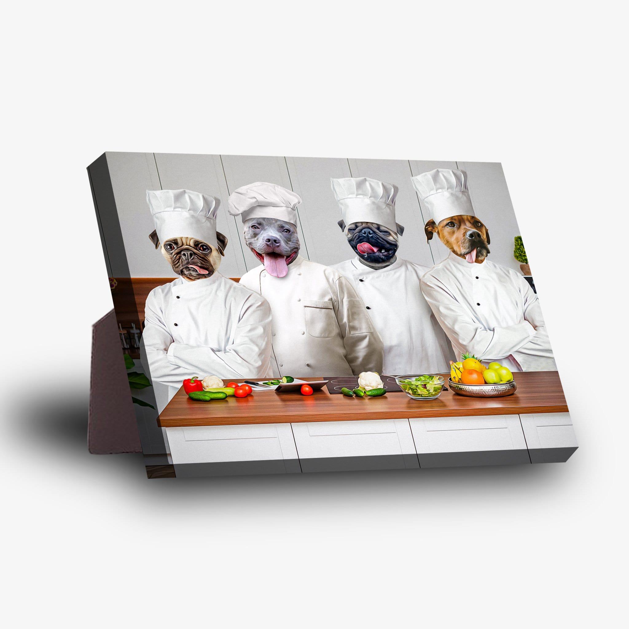 Personalized standing canvas featuring four pets as chefs in white uniforms, cooking on a wooden counter.