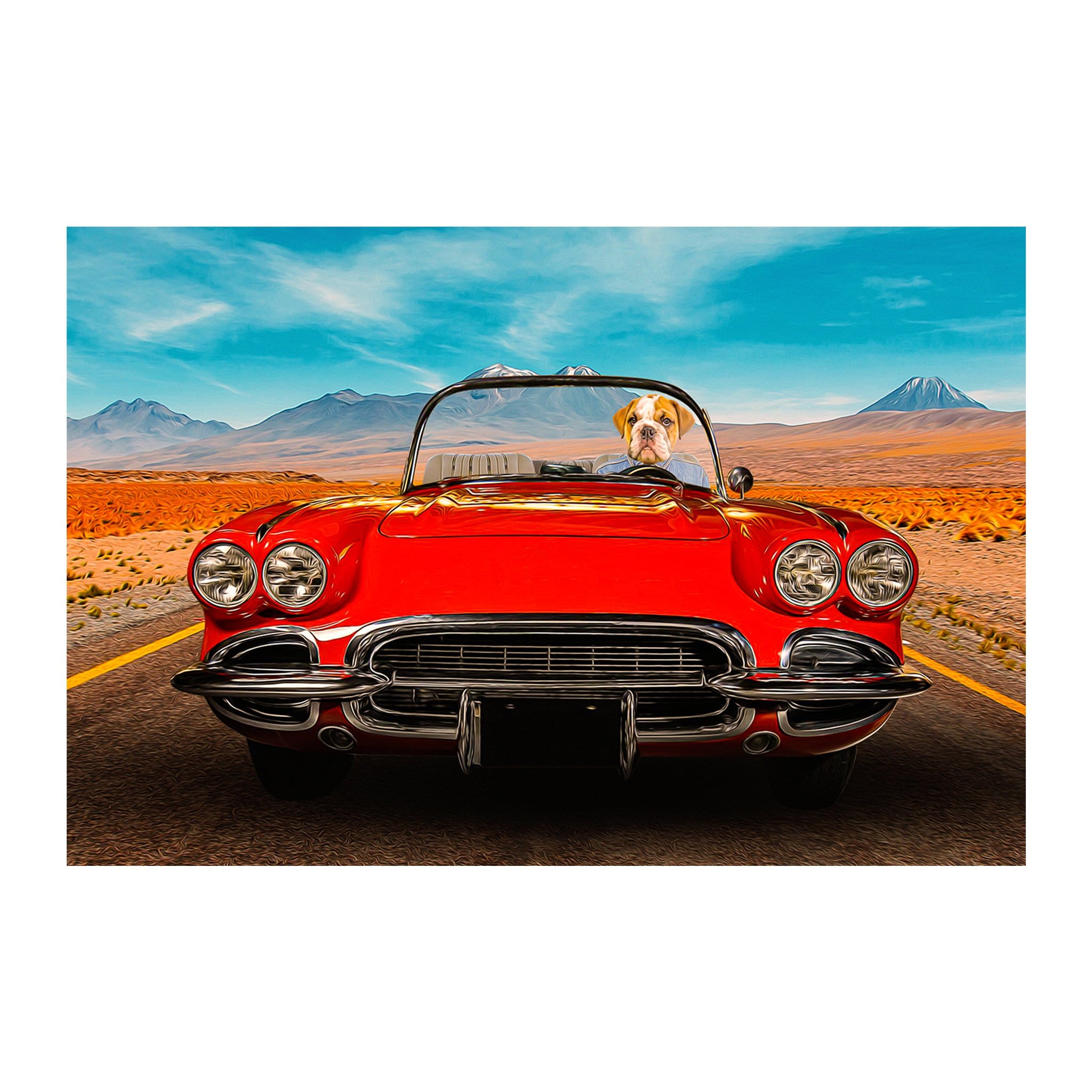 Custom digital portrait of a bulldog driving a red vintage car on a desert road.