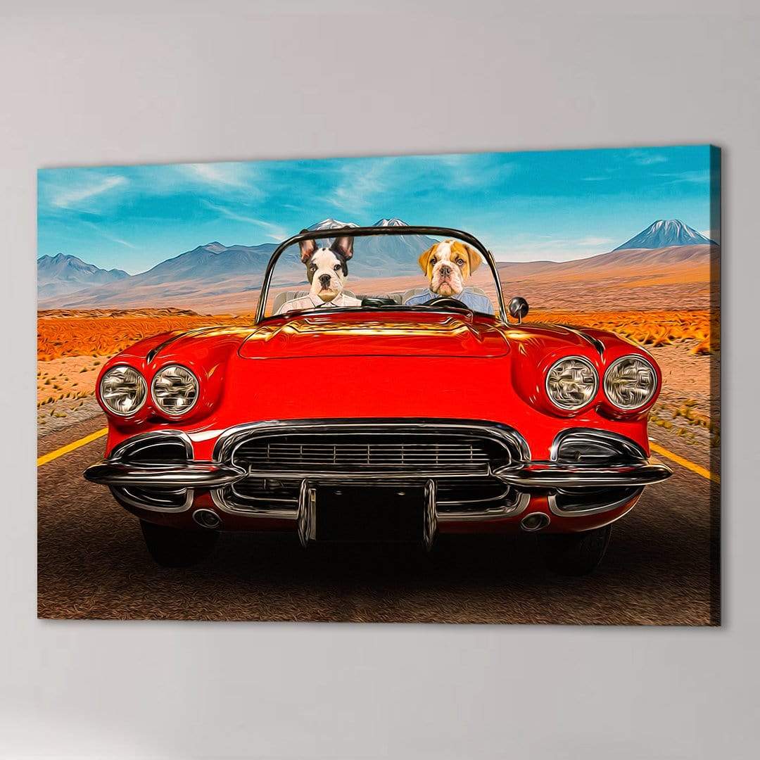 Custom canvas print of two dogs driving a red vintage convertible on a desert road with mountains.