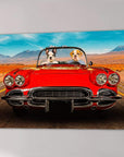 Custom canvas print of two dogs driving a red vintage convertible on a desert road with mountains.