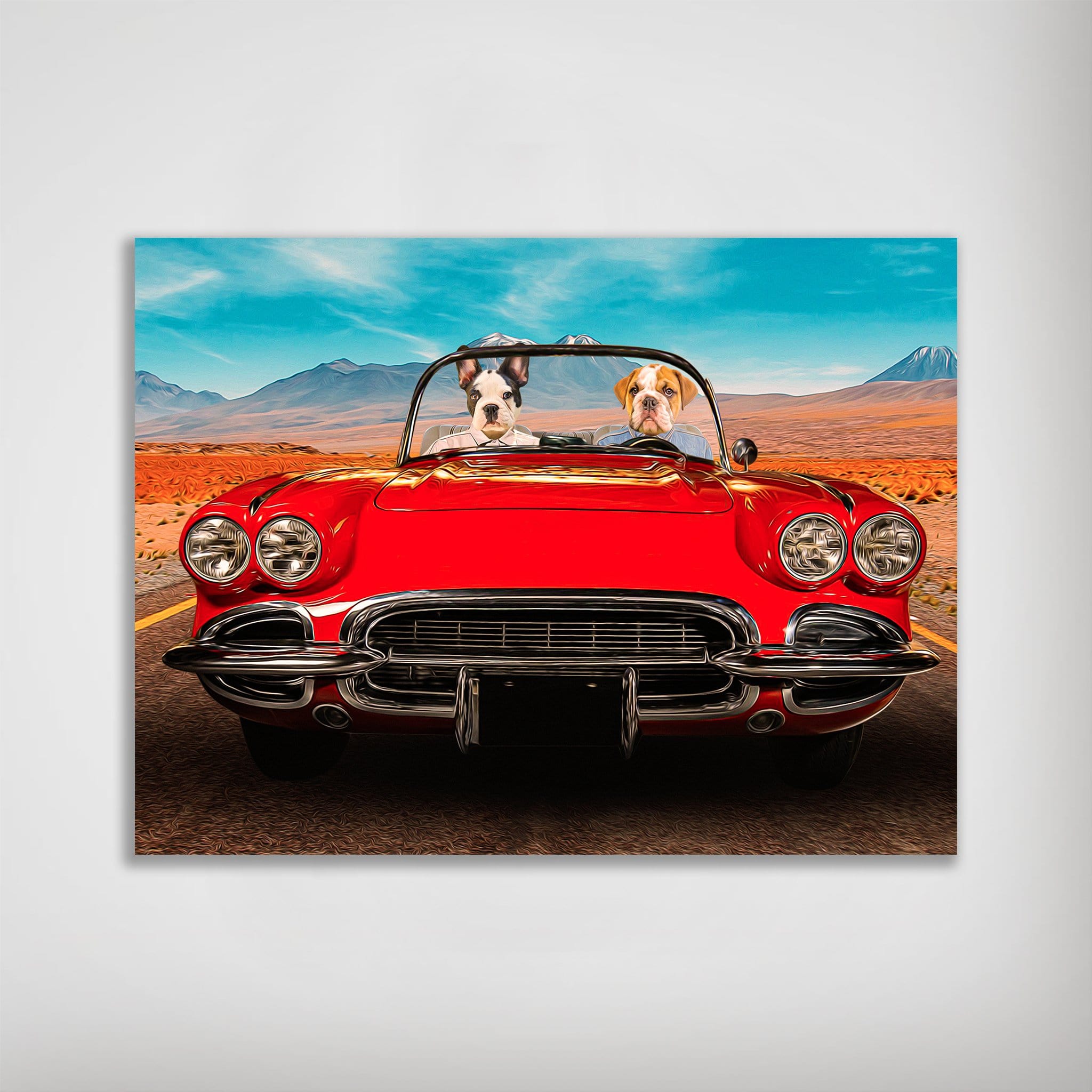 Personalized 'Classic Paw-Vette' poster featuring two pets driving a red vintage car on a desert road.