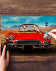 Personalized 2-pet puzzle featuring two dogs in a red classic car, with a hand placing a piece.