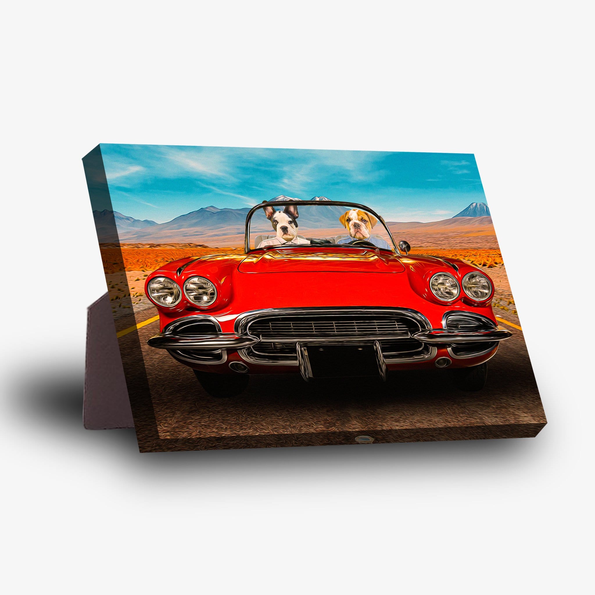Personalized standing canvas featuring two pets in a red classic car on a desert road.