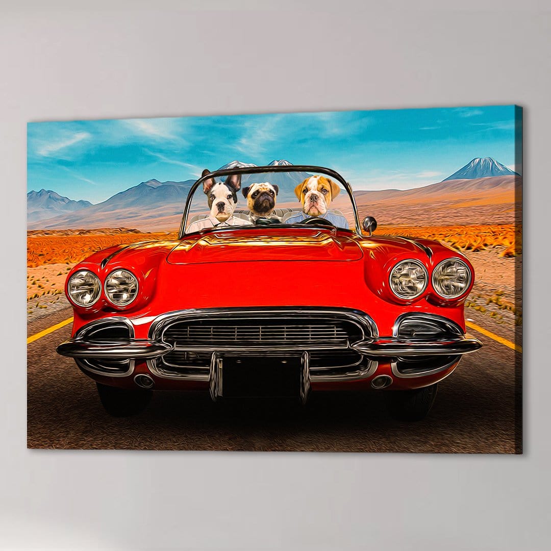 Custom canvas print of three dogs driving a red vintage convertible on a desert road.