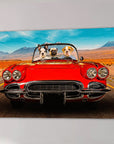 Custom canvas print of three dogs driving a red vintage convertible on a desert road.