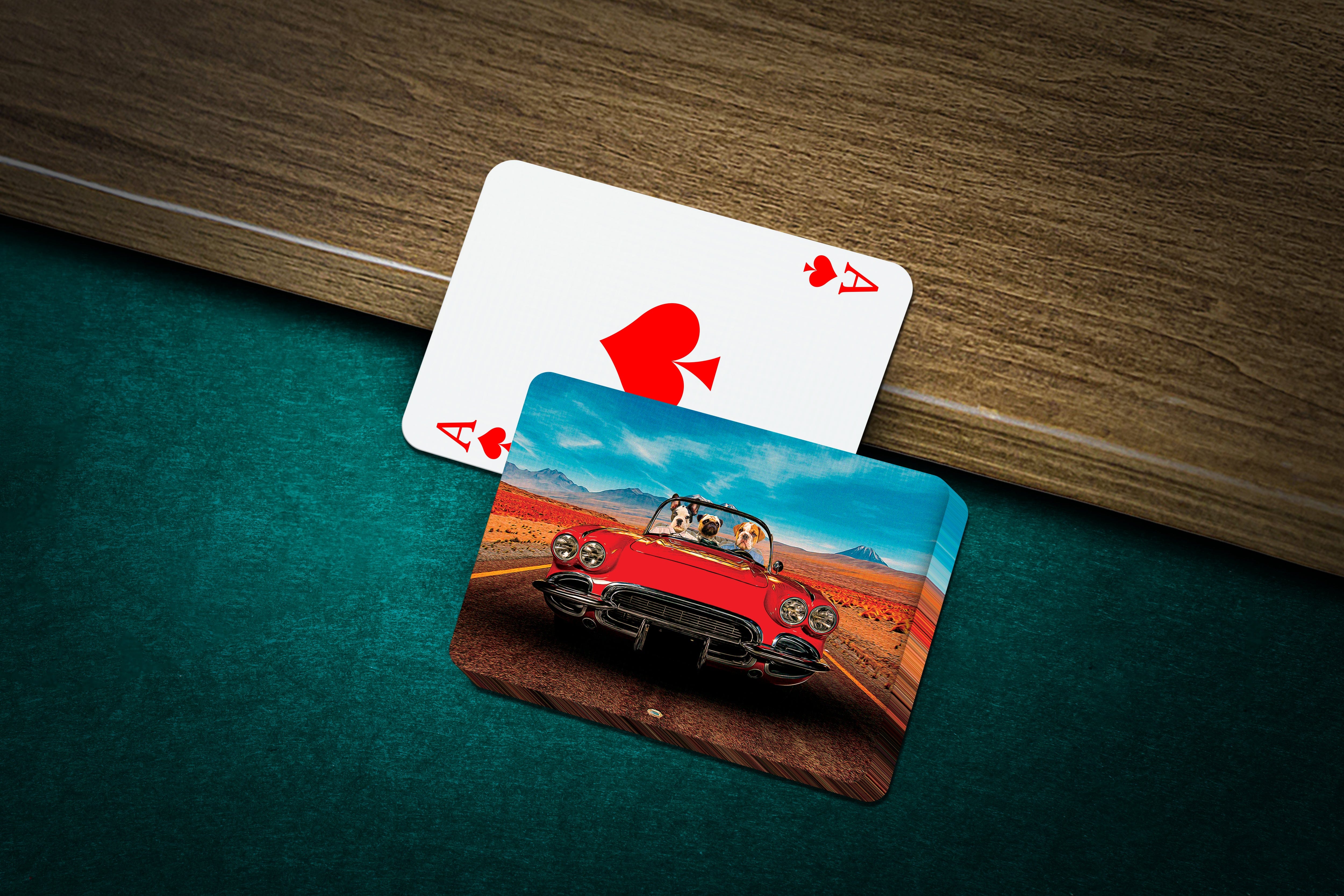 Personalized playing cards featuring three dogs in a red classic car on a desert road.