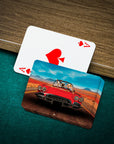 Personalized playing cards featuring three dogs in a red classic car on a desert road.