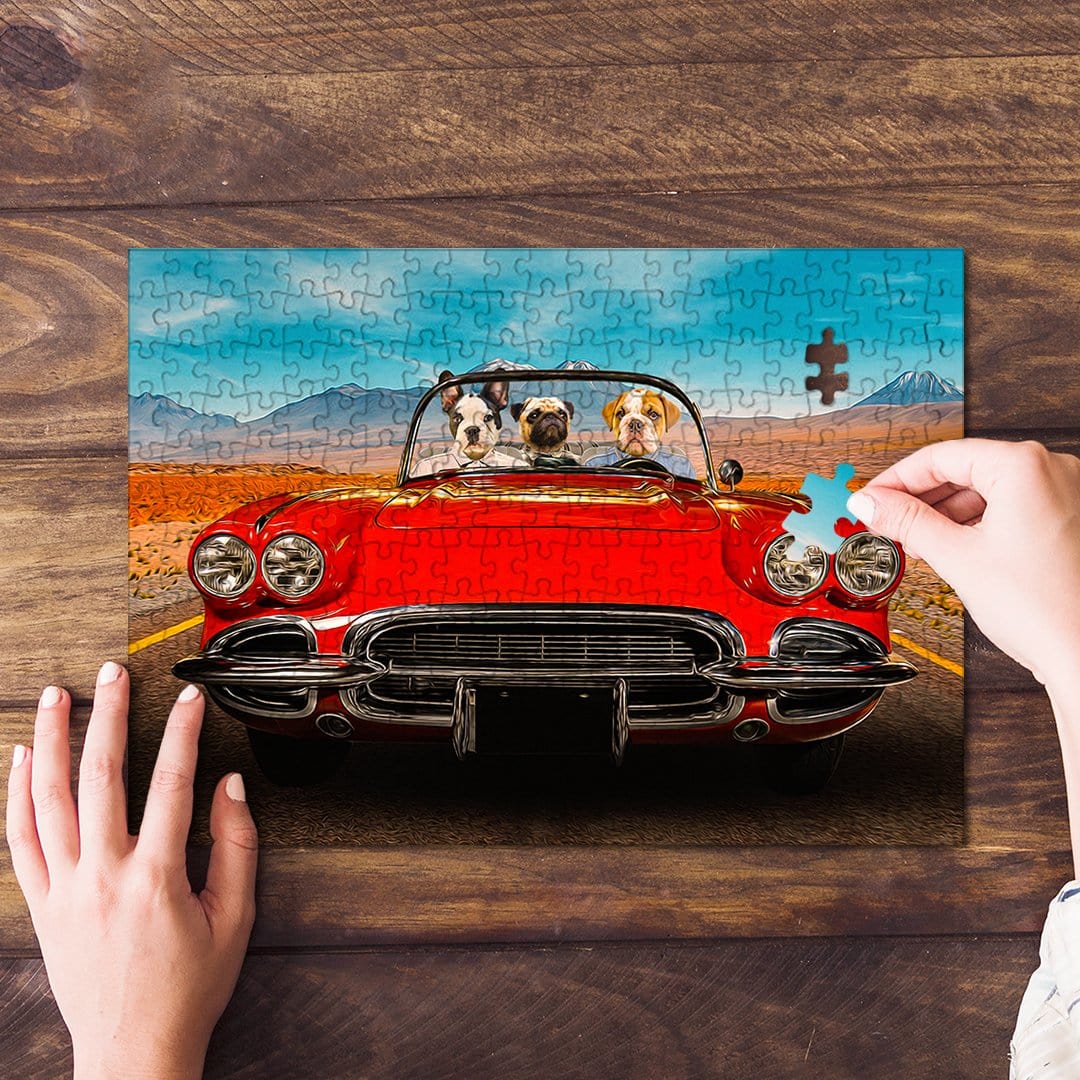 Personalized pet puzzle featuring three dogs in a red classic car, with a hand placing a piece.
