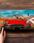 Personalized pet puzzle featuring three dogs in a red classic car, with a hand placing a piece.
