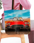 Personalized pet portrait tote bag with three dogs in a red classic car, mountain landscape background.