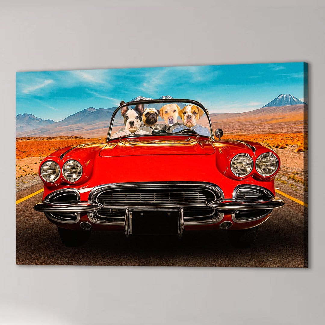 Personalized canvas of four pets in a red classic convertible car on a desert road.