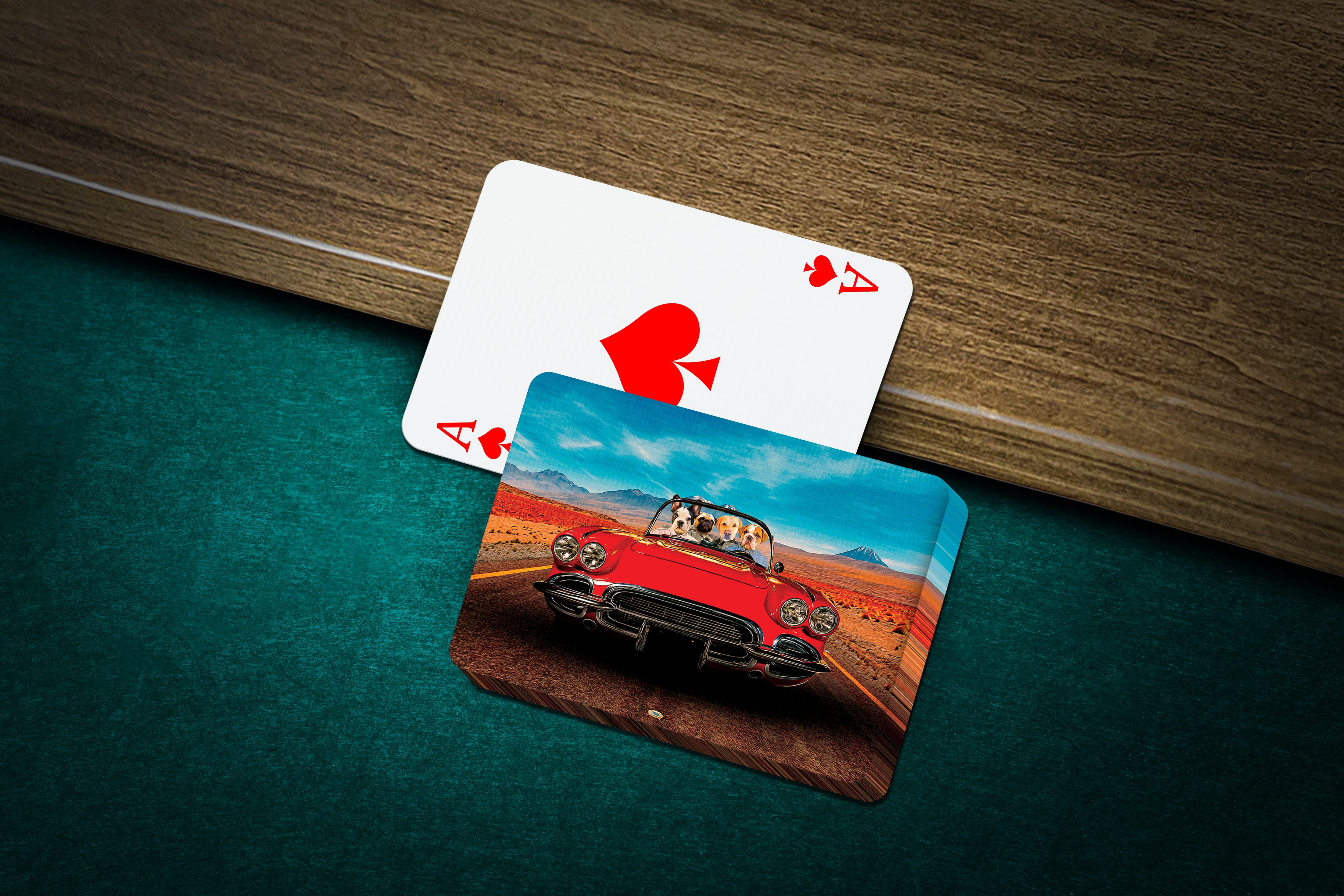 Personalized playing cards featuring custom pet portraits in a red classic car on a desert road.