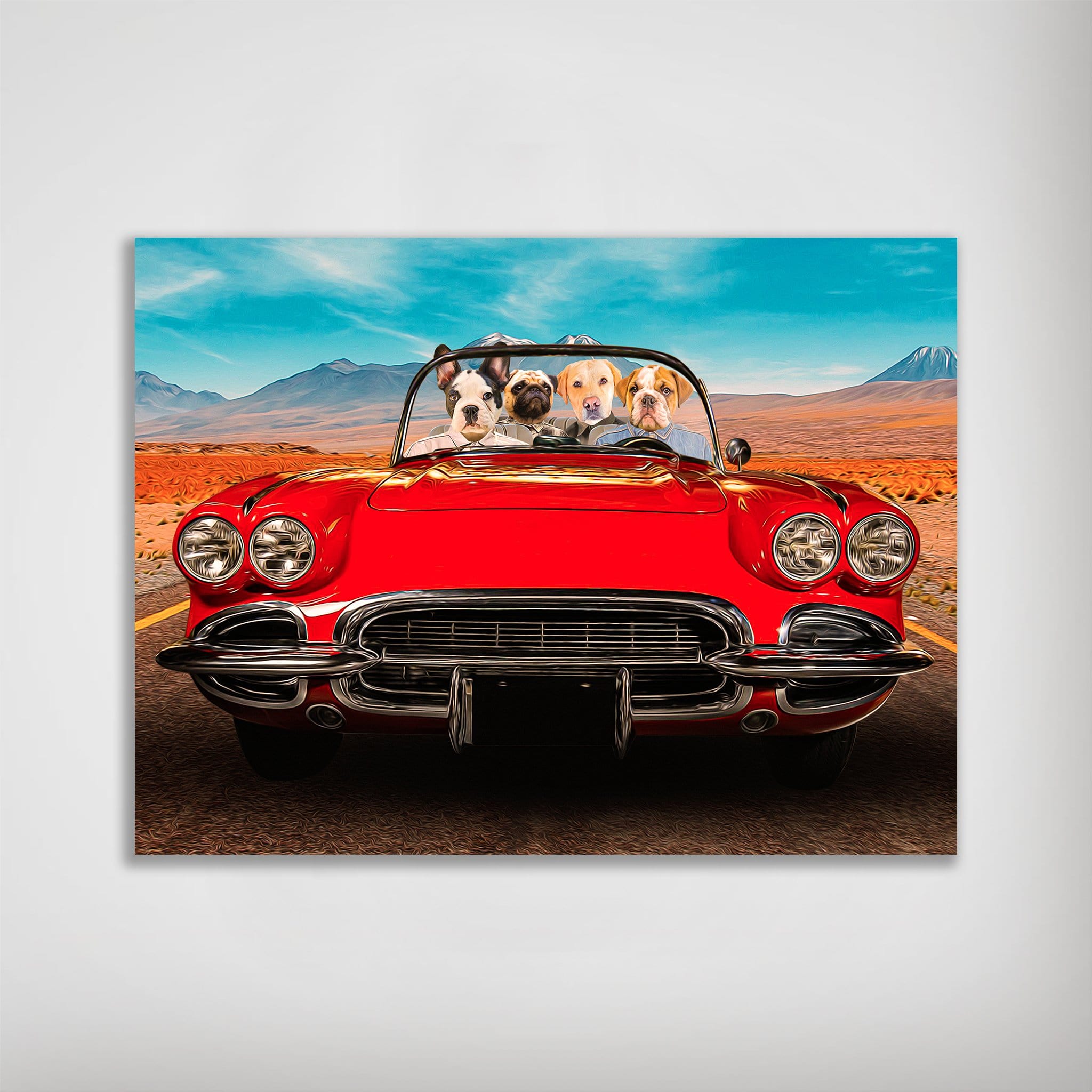 Personalized 'Classic Paw-Vette' poster featuring four pets in a red vintage car, desert landscape.