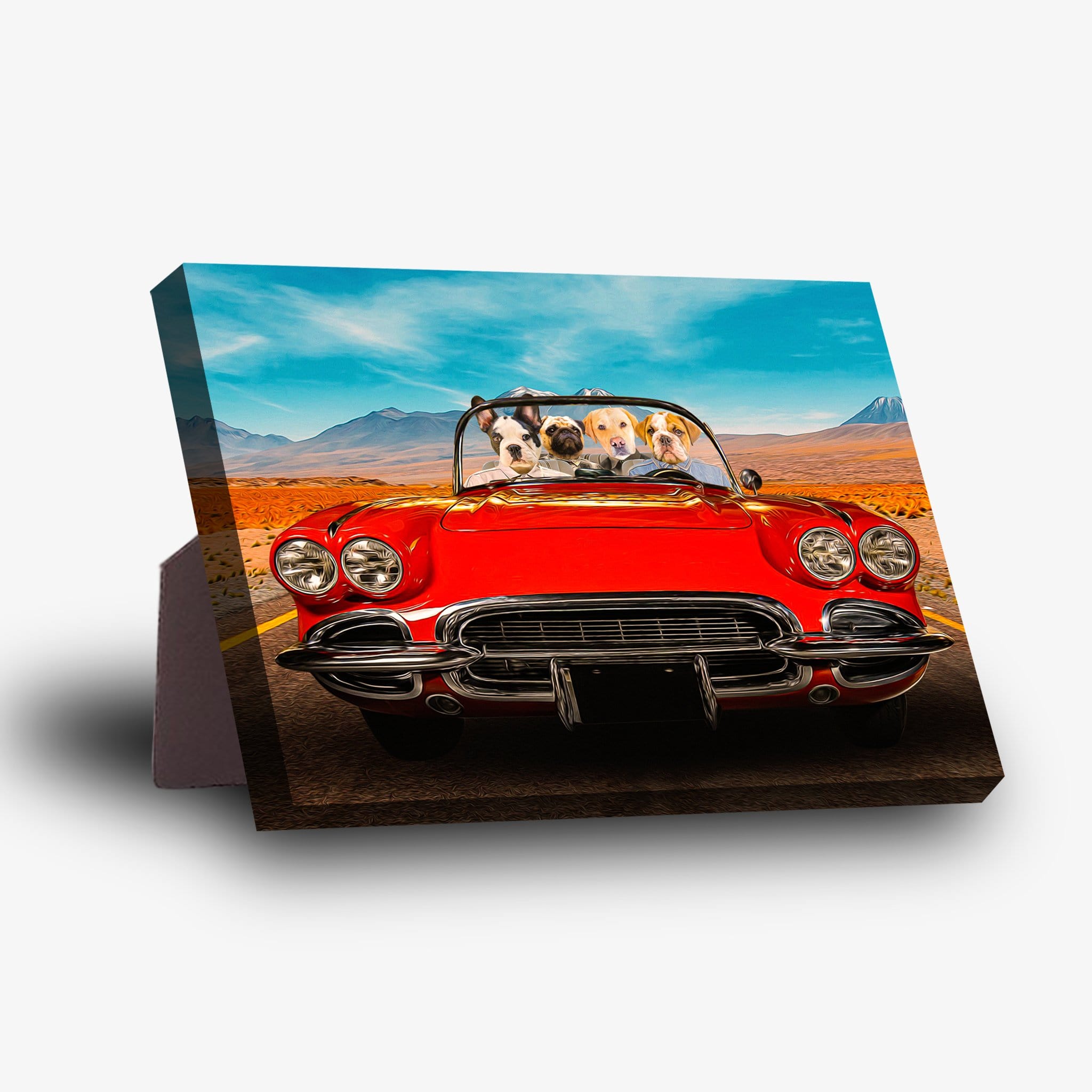 Personalized standing canvas featuring 4 pets in a red classic car on a desert road.