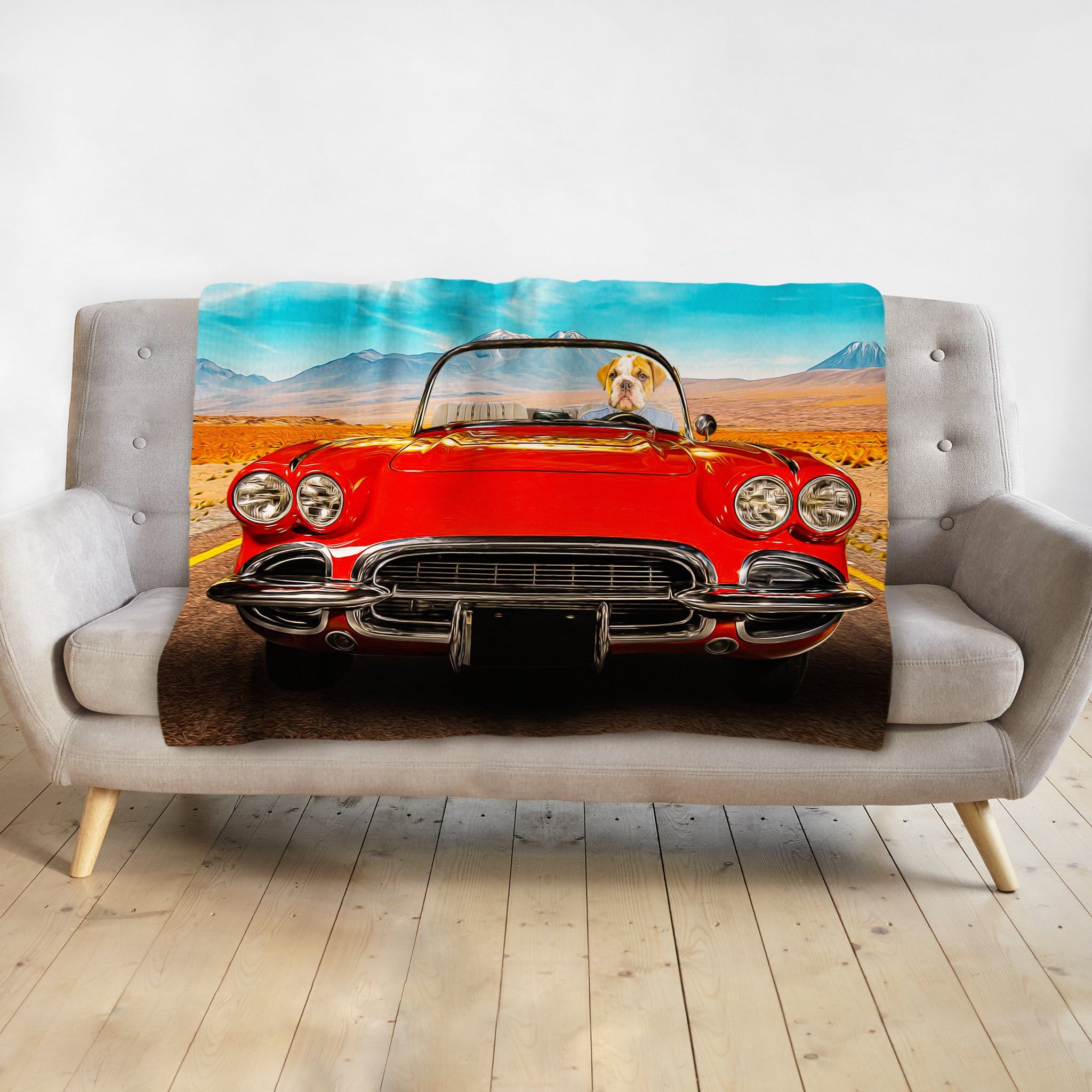 Personalized pet blanket with a Doggovinci portrait of a dog driving a red vintage car.
