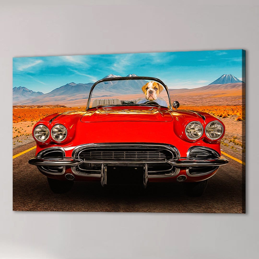 Personalized pet canvas featuring a bulldog driving a red vintage convertible on a desert road.