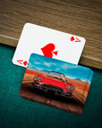 Personalized pet playing cards featuring a dog in a red classic car on a desert road.