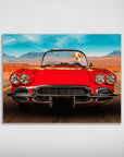 Personalized 'Classic Paw-Vette' poster featuring a bulldog driving a red vintage car in a desert landscape.