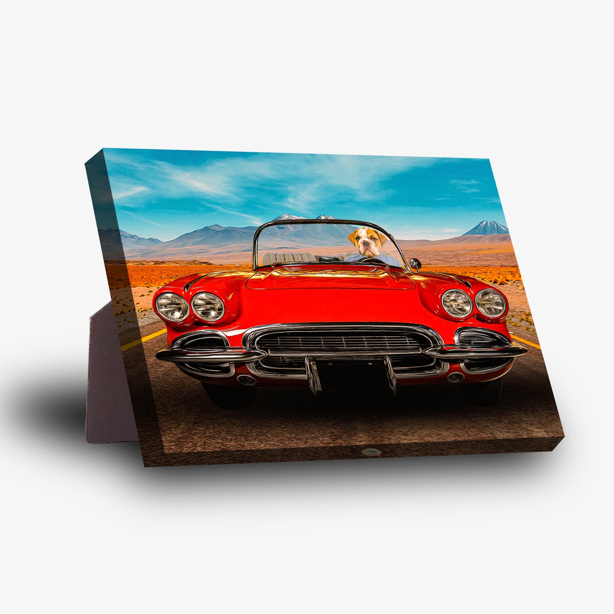 Personalized pet standing canvas featuring a dog driving a red vintage car on a desert road.