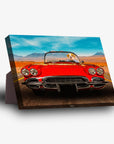 Personalized pet standing canvas featuring a dog driving a red vintage car on a desert road.