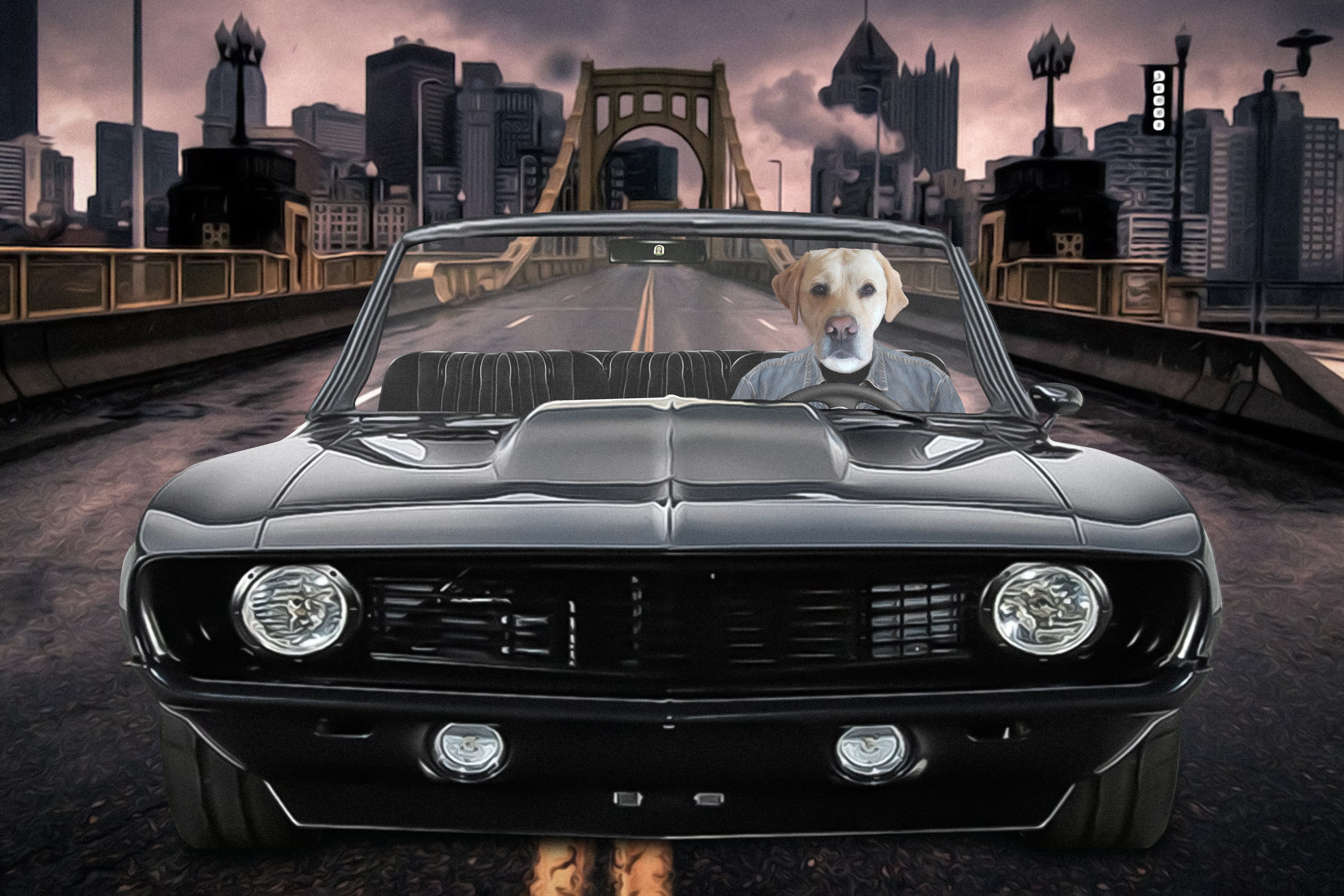 Custom digital portrait of a yellow lab dog driving a black classic car with a city skyline.