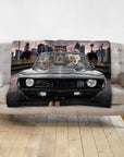 Personalized pet portrait blanket featuring two dogs in a black classic car with a city skyline.