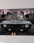 Personalized 'The Classic Pawmaro' canvas featuring two pets in a black vintage car with a city skyline.
