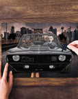 Personalized 2-pet puzzle featuring dogs in a black classic car, cityscape background.