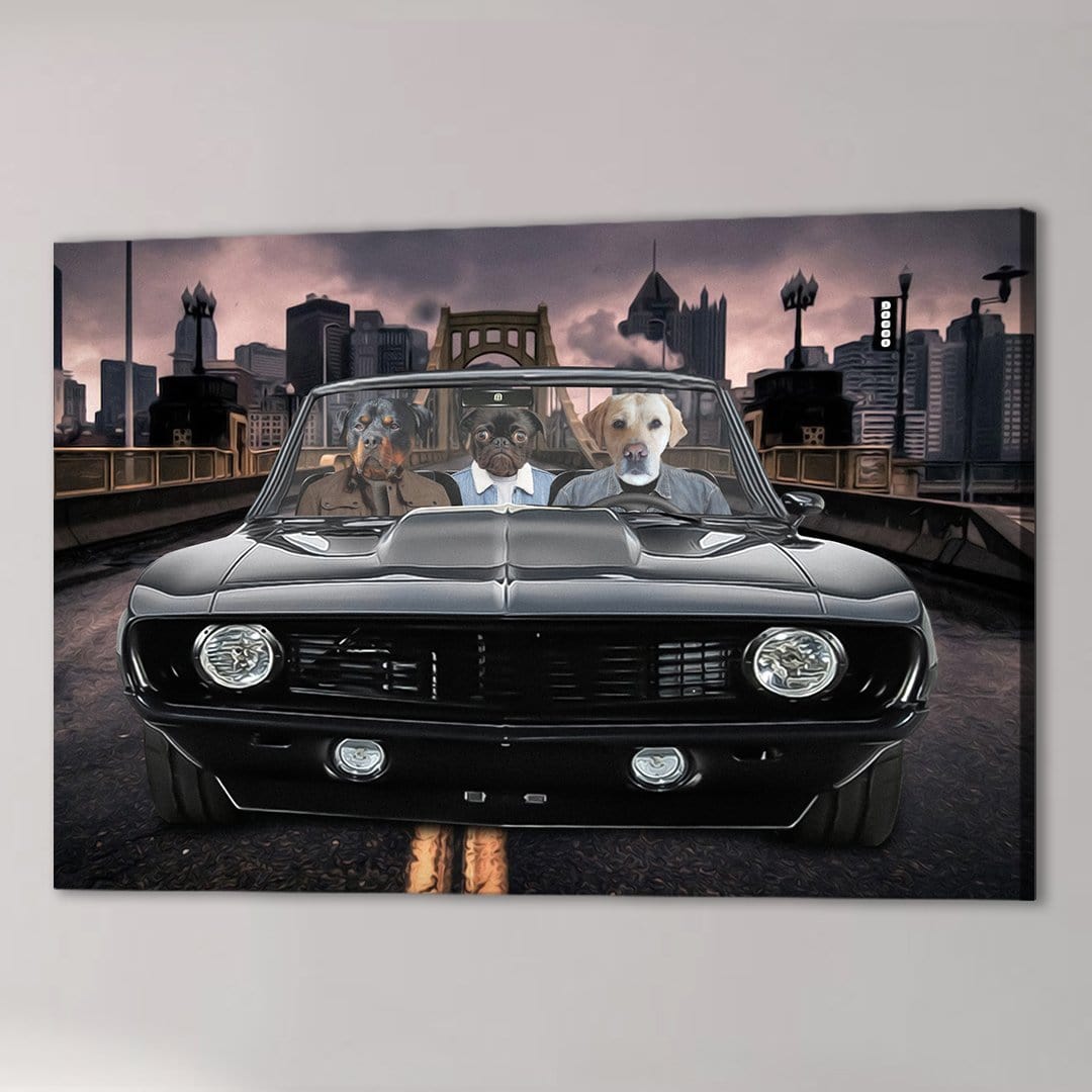 Personalized canvas: three pets in a black vintage convertible with a city skyline at dusk.