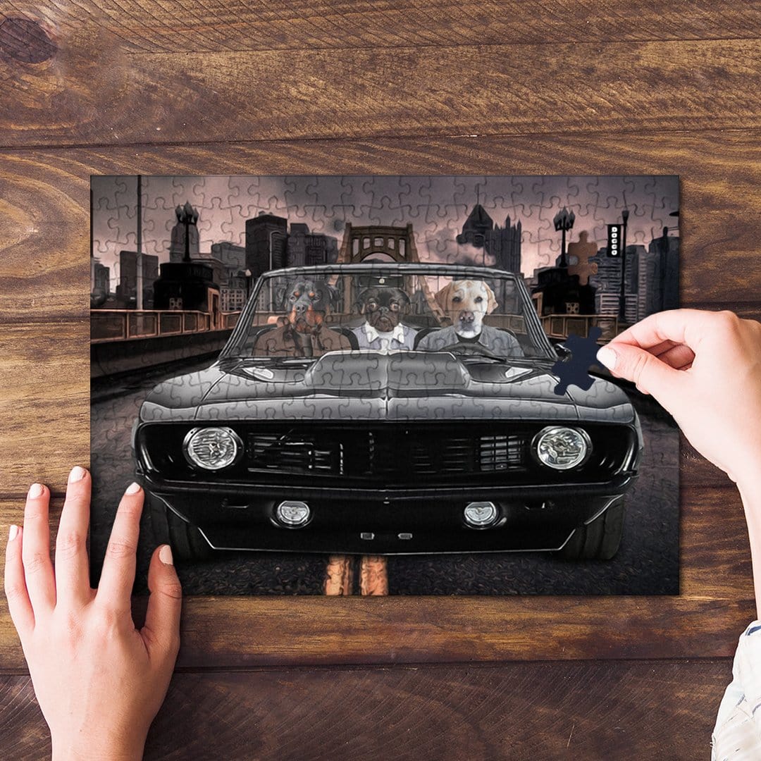 Personalized 3-pet puzzle featuring dogs in a black classic car with a city background.