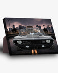 Personalized 'Classic Pawmaro' standing canvas with 3 pets in a black vintage car, city skyline background.