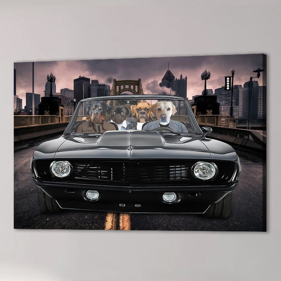Personalized 'Classic Pawmaro' canvas featuring four pets in a black vintage car with a city skyline.