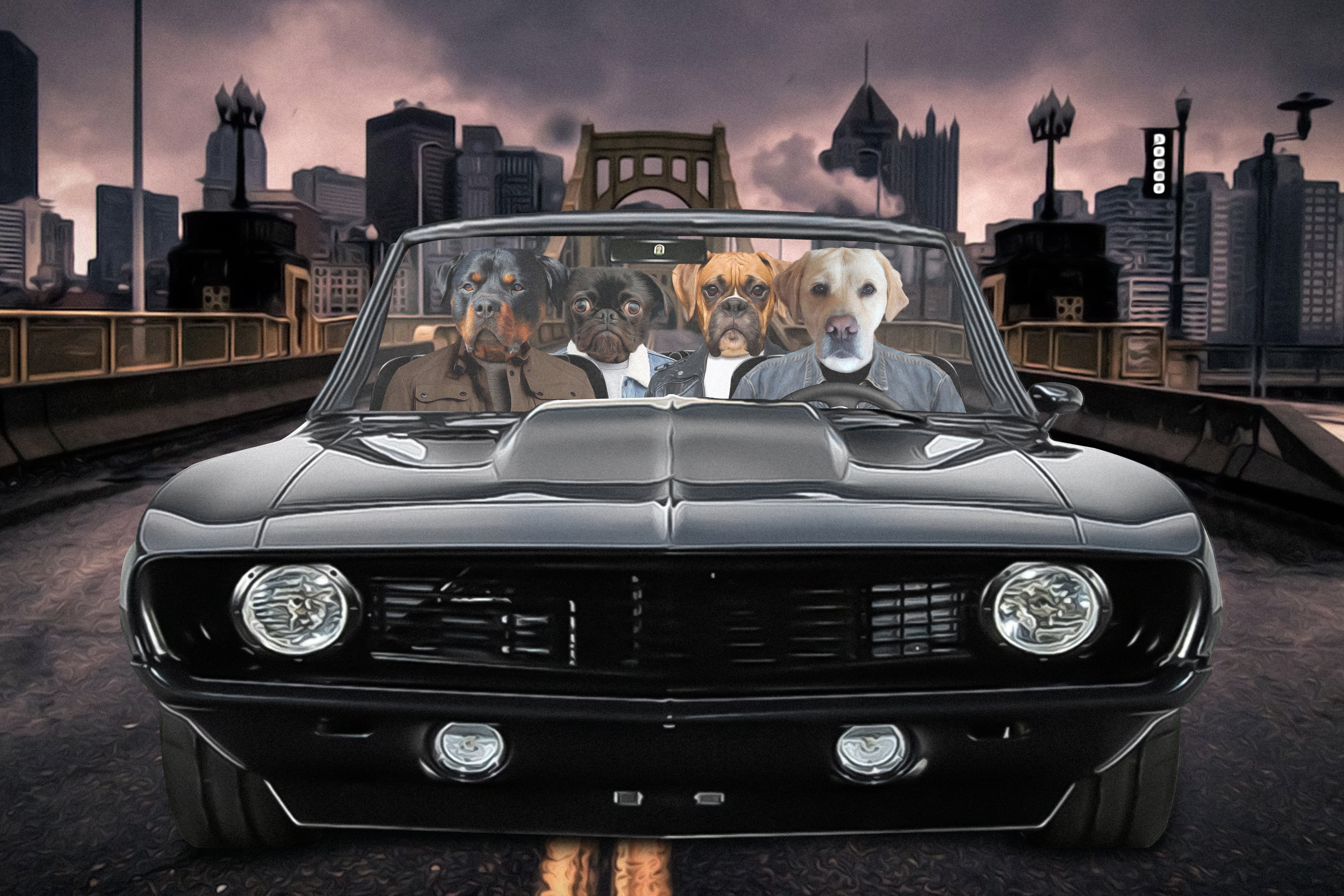 Custom digital portrait of four pets (dogs) in a classic black car with a city skyline.