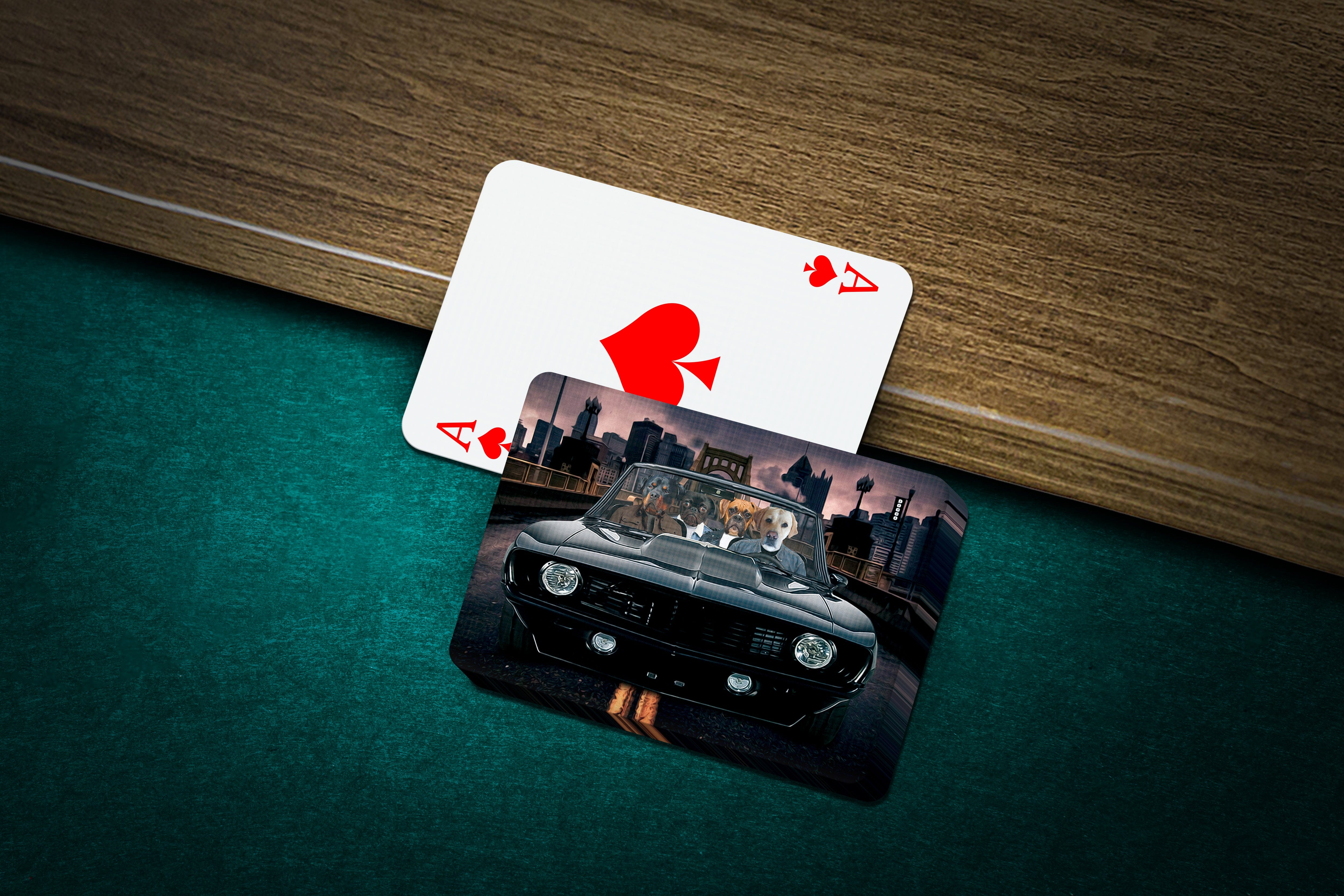 Personalized playing cards featuring 4 pets in a classic car, with an Ace of Spades card behind.