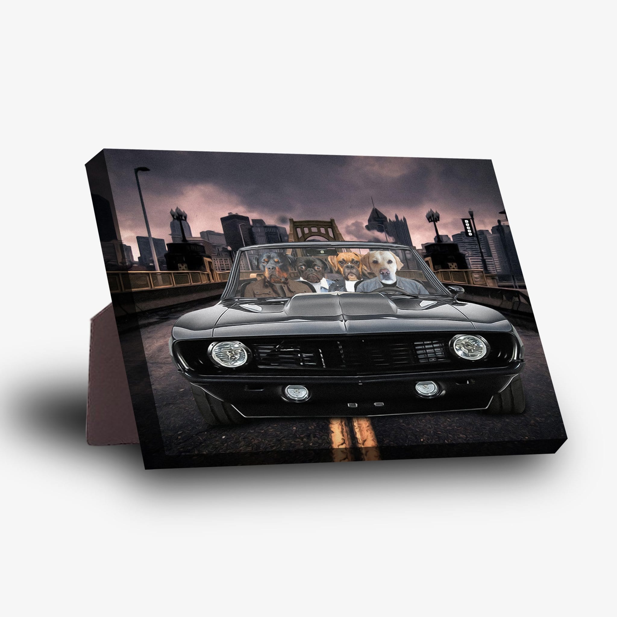 Personalized 'The Classic Pawmaro' standing canvas featuring four pets in a black vintage car on a bridge.