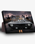 Personalized 'The Classic Pawmaro' standing canvas featuring four pets in a black vintage car on a bridge.