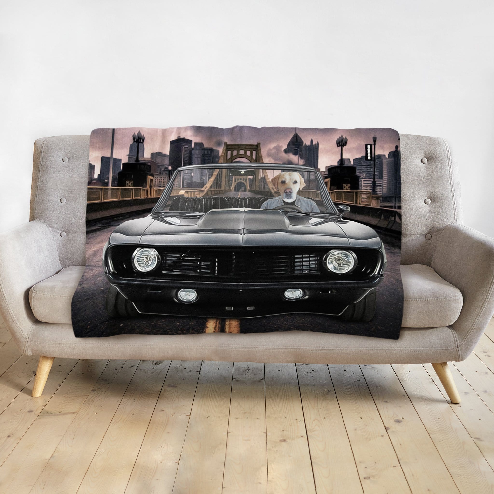 Personalized pet blanket with a golden retriever driving a black classic car in a city portrait.