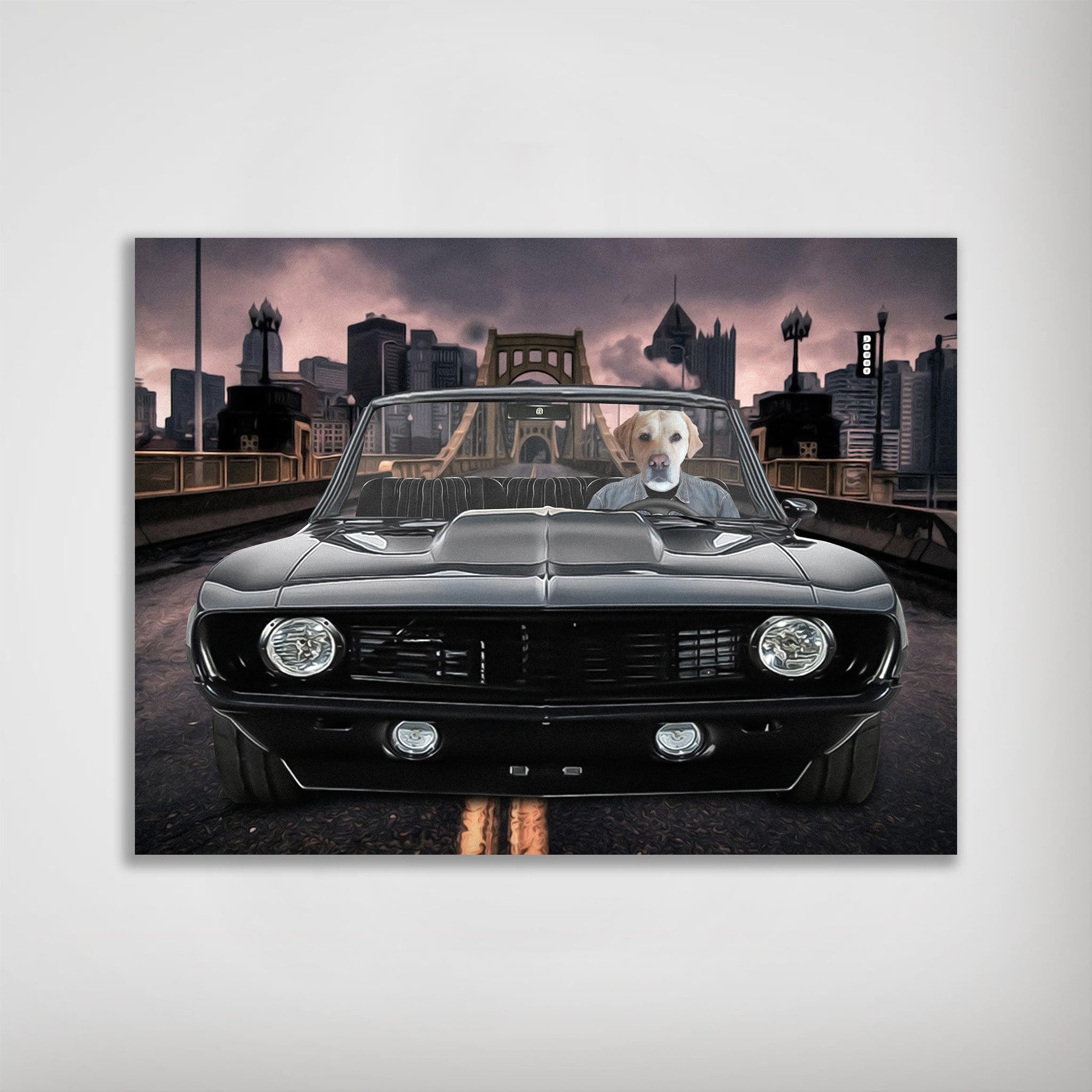 Personalized 'Classic Pawmaro' pet poster featuring a yellow lab driving a black vintage car with a city skyline.