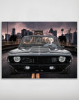 Personalized 'Classic Pawmaro' pet poster featuring a yellow lab driving a black vintage car with a city skyline.