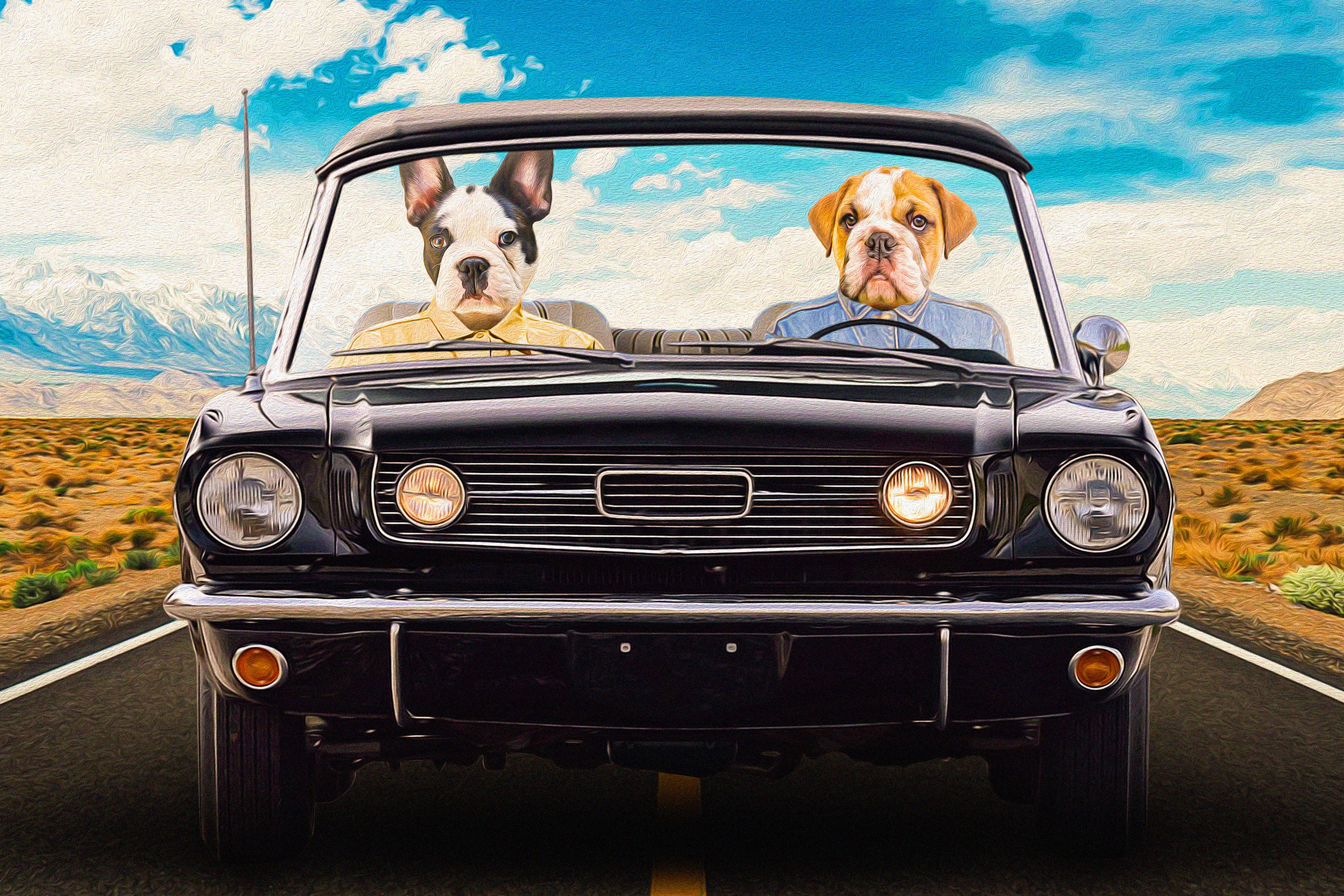 Custom digital portrait of two dogs in a black convertible car, oil painting style.