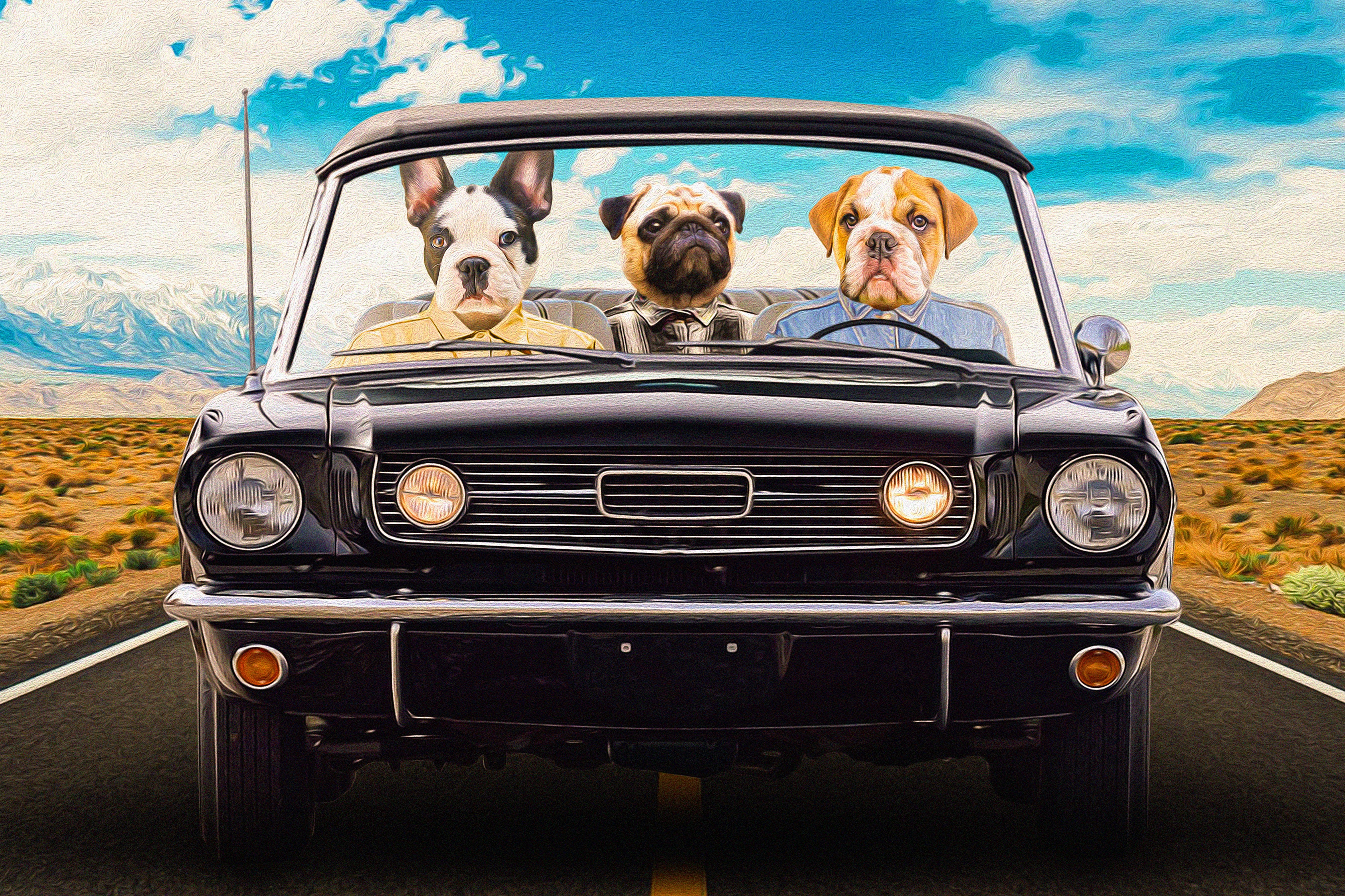 Custom digital portrait of three dogs in a classic black convertible car, oil painting style.