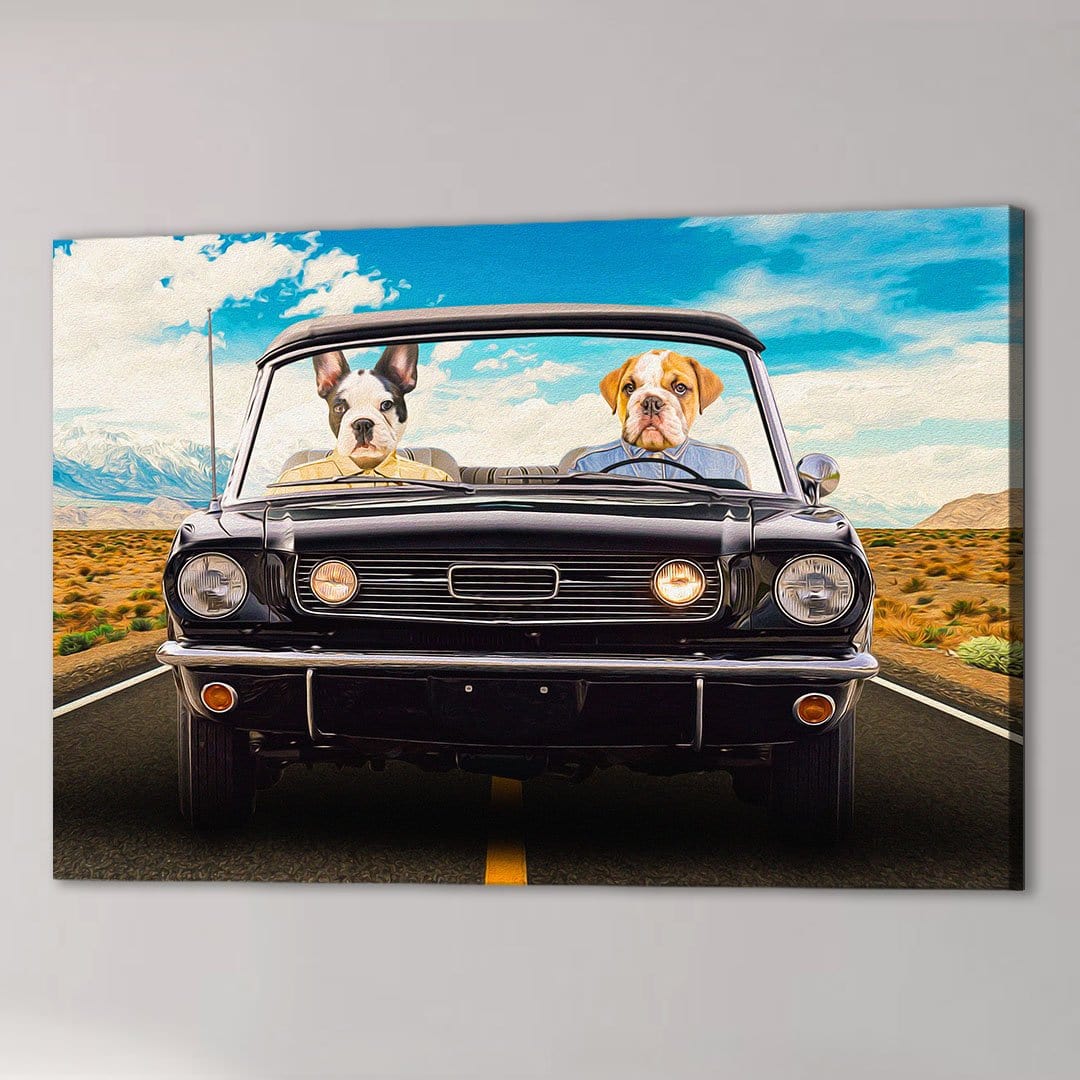 Personalized 'Woofstang' canvas art featuring a French Bulldog and Bulldog driving a classic black convertible.