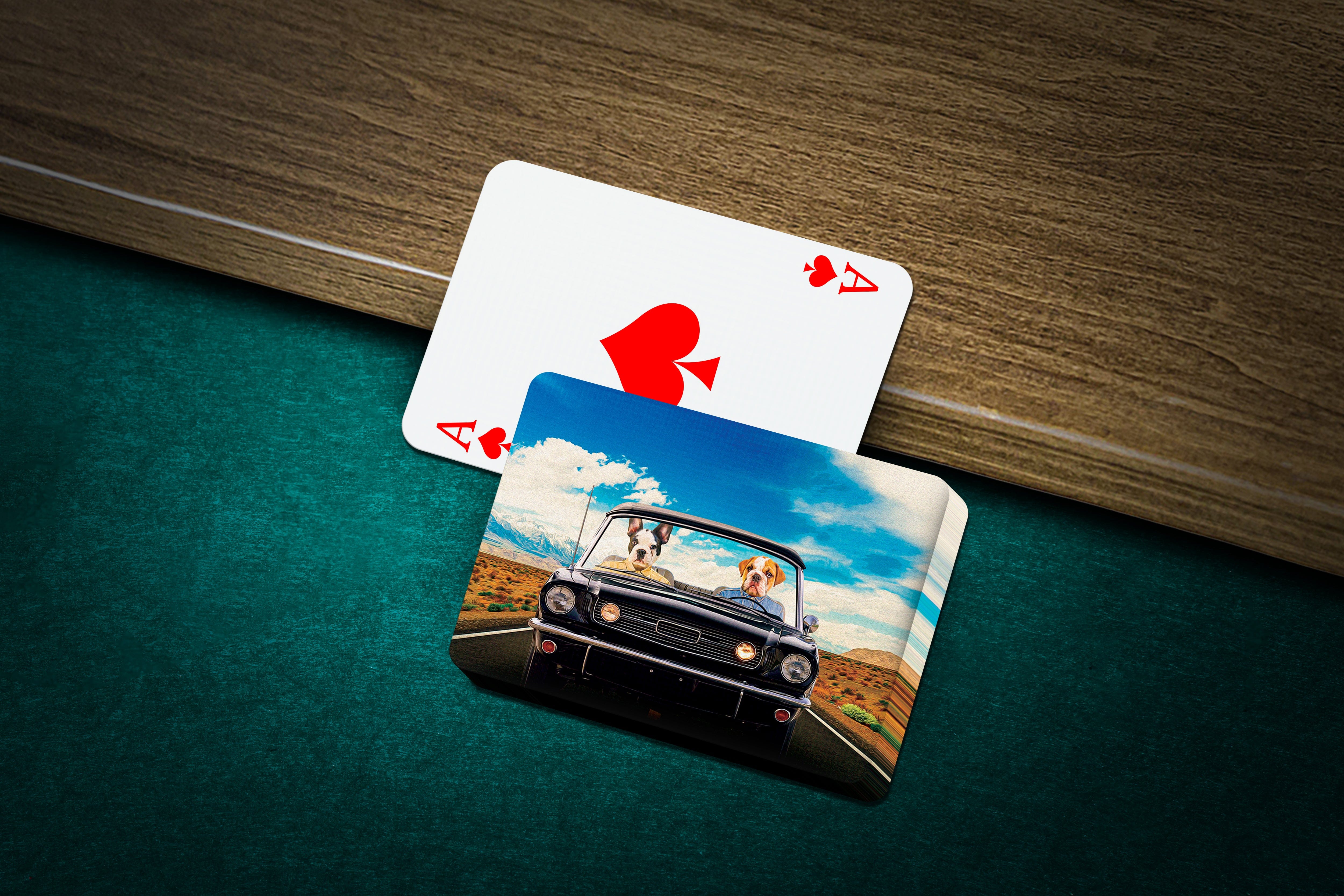 Personalized playing cards featuring two custom pet portraits in a classic car design.