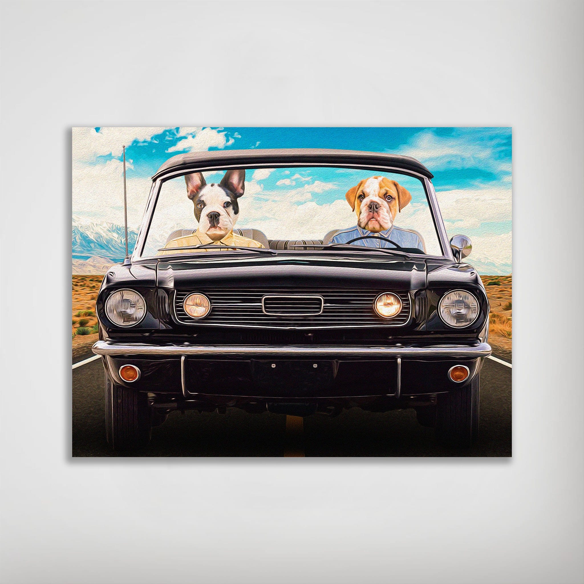 Personalized 'Classic Woofstang' poster with a French Bulldog and English Bulldog driving a black convertible.
