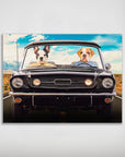 Personalized 'Classic Woofstang' poster with a French Bulldog and English Bulldog driving a black convertible.