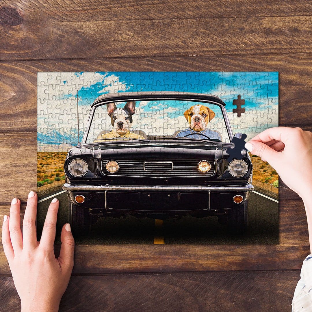 Personalized 2 pet puzzle featuring two dogs in a classic black car, with hands assembling it.