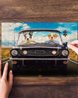 Personalized 2 pet puzzle featuring two dogs in a classic black car, with hands assembling it.