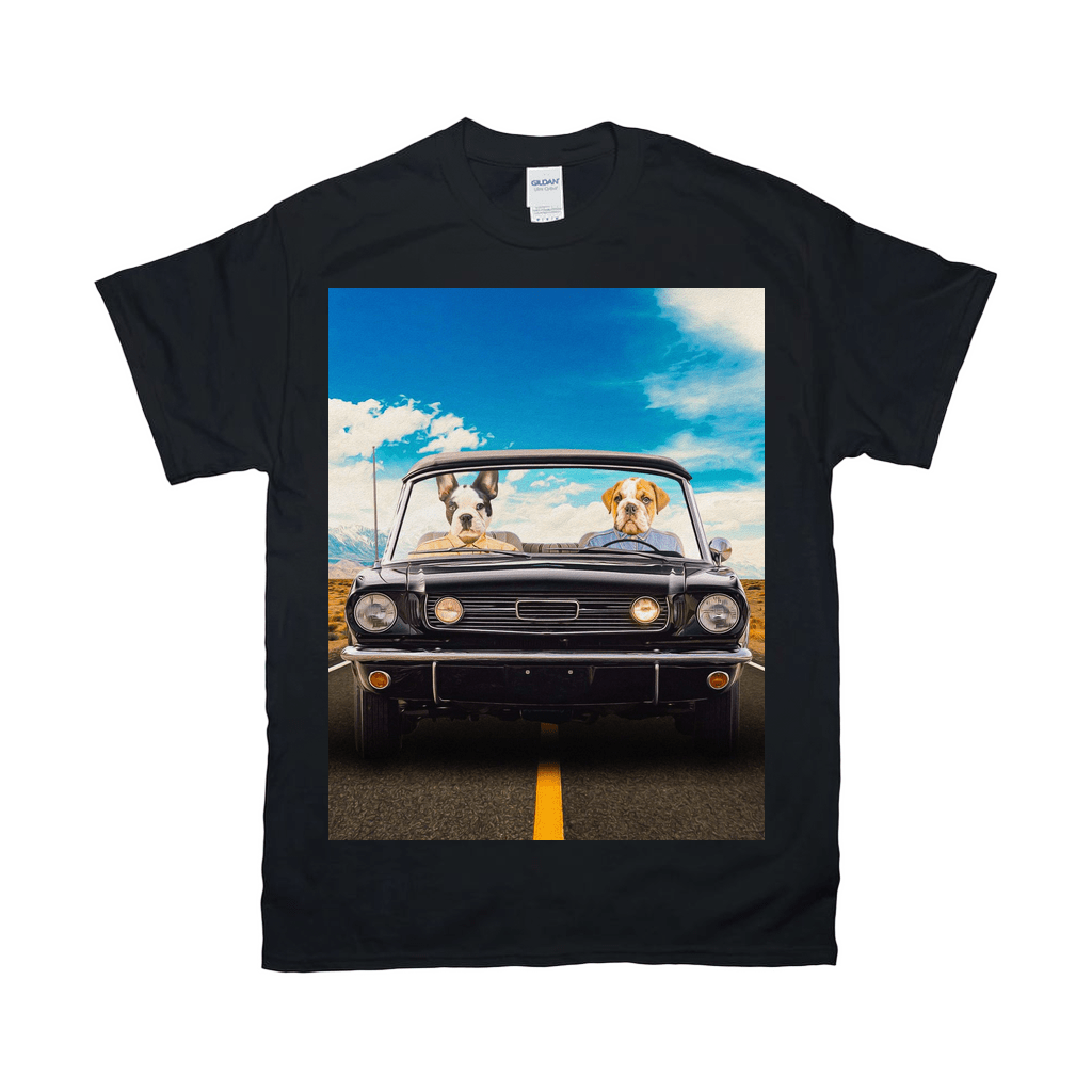 Black Gildan t-shirt with two dogs driving a classic car under a blue sky.