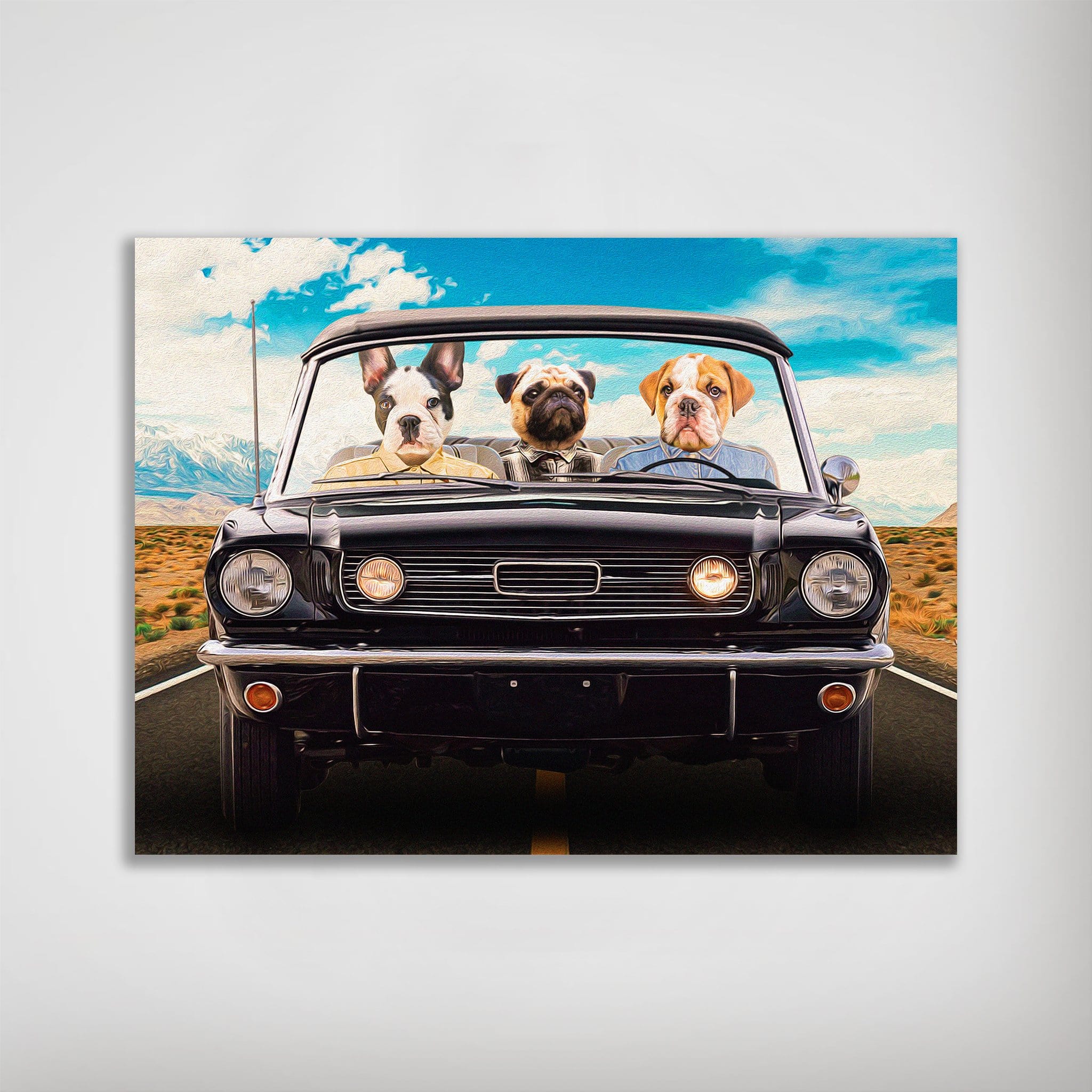 Personalized 'Classic Woofstang' poster featuring three pets in a black vintage convertible car.
